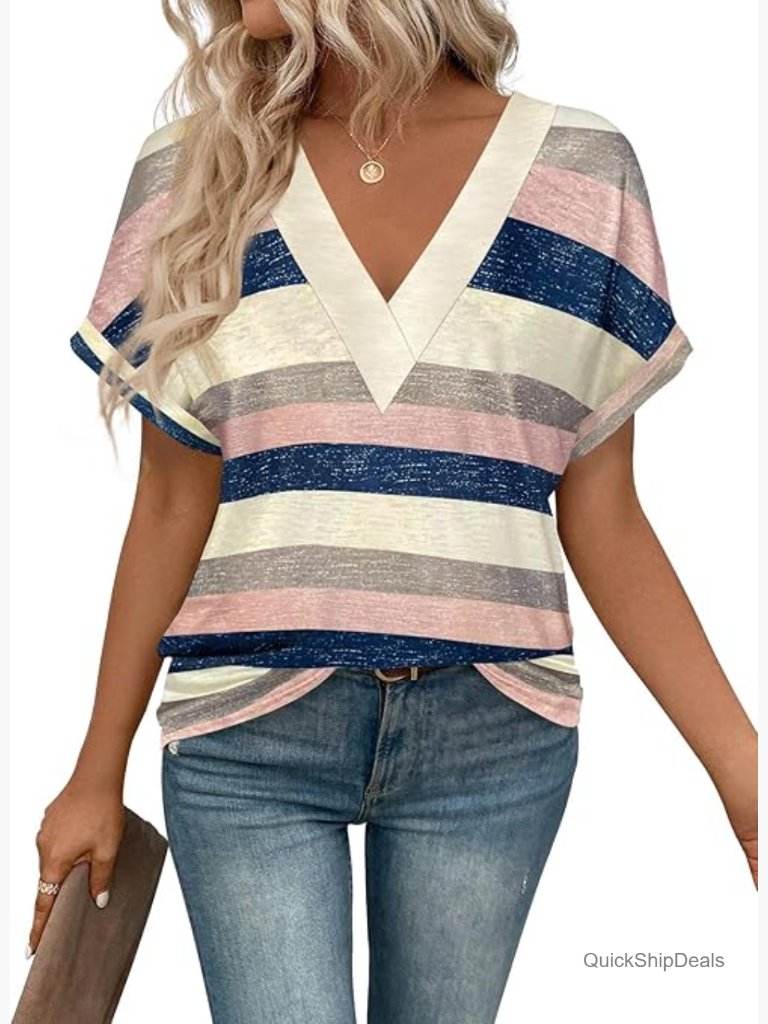 V Neck Short Sleeve Tee Shirts Women Casual Basic Tops Summer Fall Outfits
